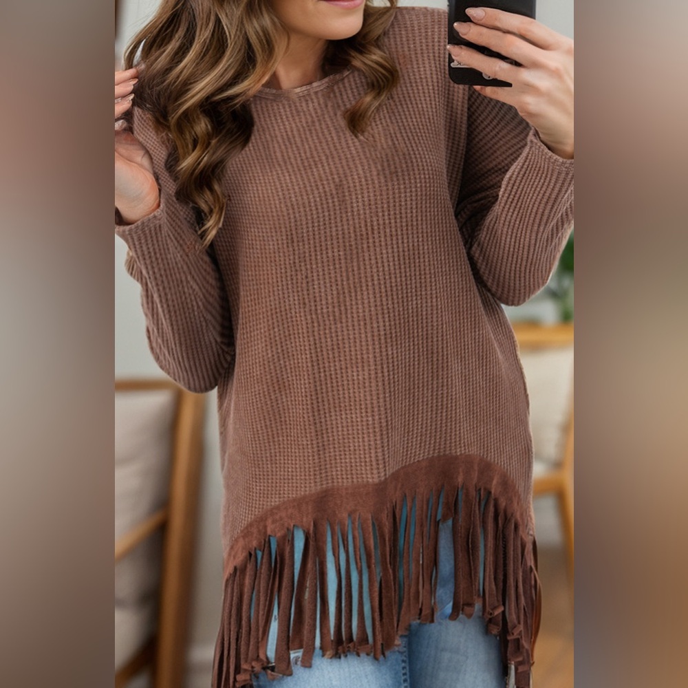 Fringe Round Neck Long Sleeve Top